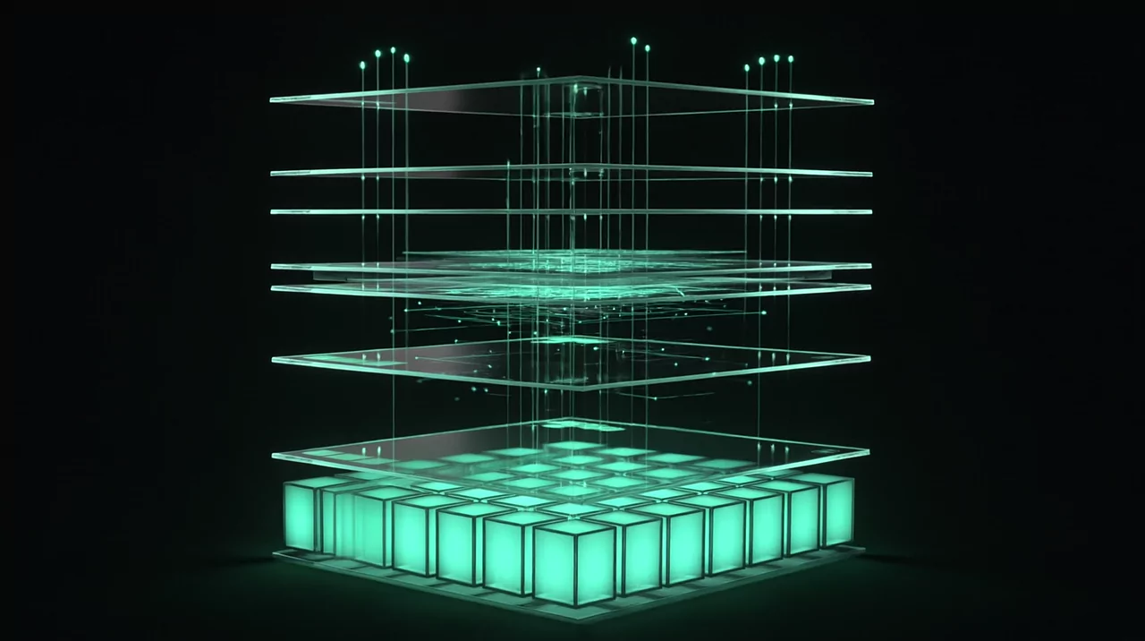 Un computador portátil que se abre en capas: interfaz, lógica y datos