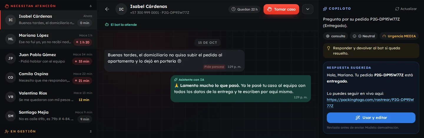 Bandeja de WhatsApp con copiloto de IA (modo demostración)