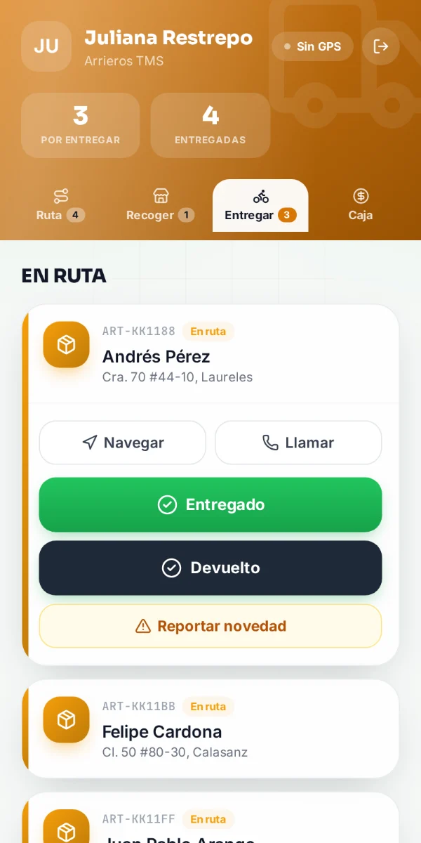 Arrieros TMS: app del domiciliario con las entregas en ruta (datos de ejemplo)